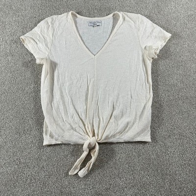 Madewell Texture & Thread Ivory Tie Front V-Neck Cotton Top Short Sleeve Cream S