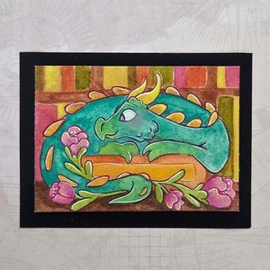 ACEO Dragon Floral Books Library Fantasy Original Painting Ariel West