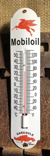 VINTAGE MOBILOIL GARGOYLE 12” PORCELAIN THERMOMETER GAS OIL SIGN WORKS!