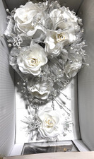 Quinceanera Wedding WHITE CASCADE Silver Bouquet Crystals Tulle Ribbon Round NEW