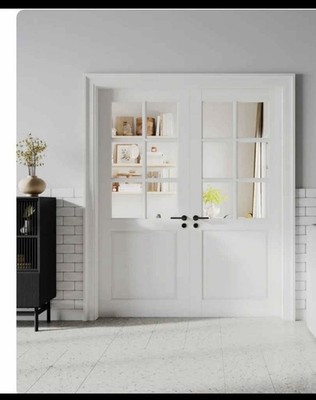 White Modern Double Interior French Door, Solid Core Wood, Clear Glass Panels