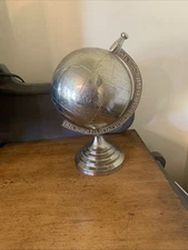 Vtg Silver Metal Chrome World Globe Map Rotating Heavy Desktop Decor 10” x 7”