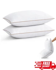 Queen Goose Feather Down Pillows Set of 2 Soft Fluffy Cotton Cover Sleep
