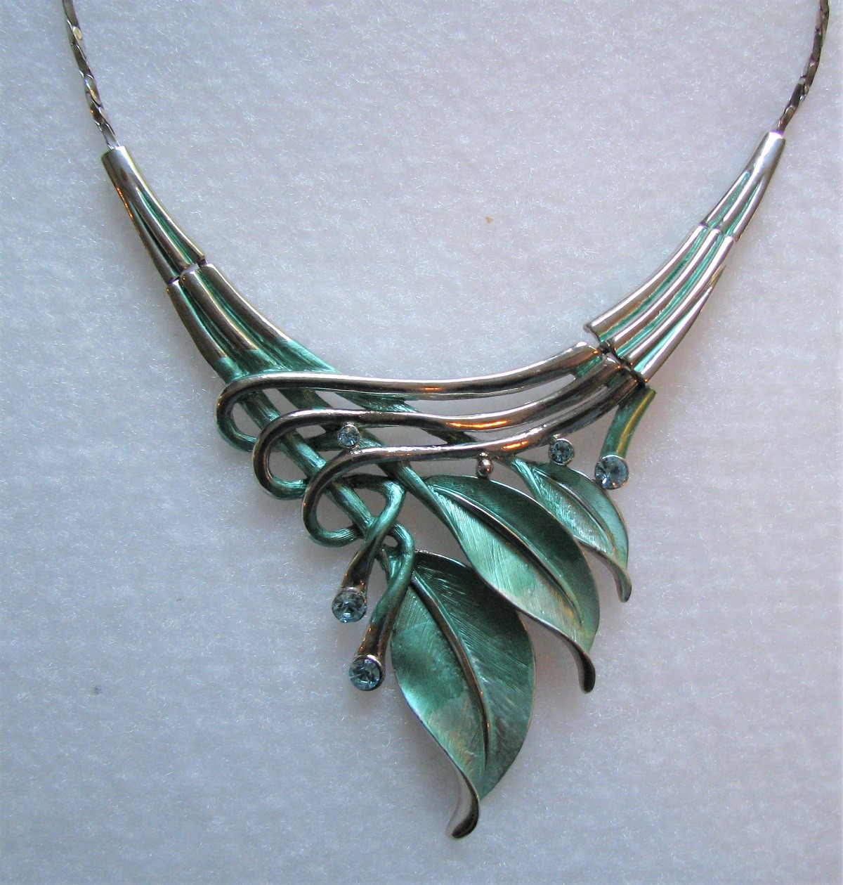 Green Leaf & Rhinestone Statement Necklace - image 2