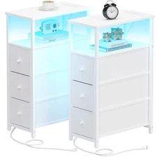  Narrow LED Night Stand with Charging Station, Slim End Table White Plug & LED