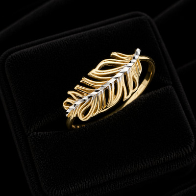Schlichter gefiederter Ring 9 kt Gelbgold/Weißgold 375 gepunzt Ringgrößen L - Q