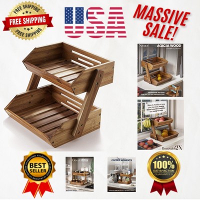 Elegant 2-Tier Acacia Fruit Basket for Kitchen Counter & Fresh Produce Storage