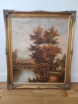 Ölgemälde Leinwand Wald Fluss Berge Landschaft Gold gerahmt signiert Vintage