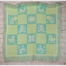 VTG Baby Blanket Woven Fringe Animals Green Yellow Japan 40" x 40" Double Thick