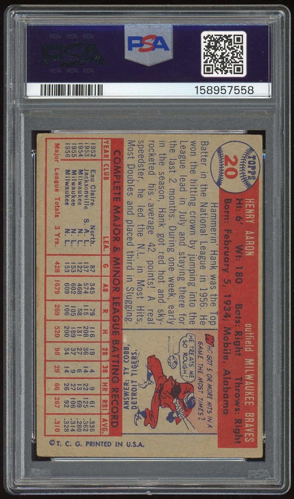 1957 Topps #20 Hank Aaron PSA 2 *7558 view 2