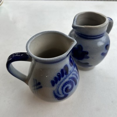 2 Small Vintage Salt Glaze Blue Pottery Jugs