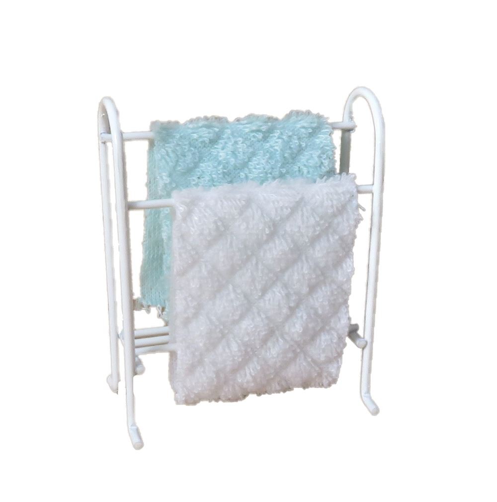 Dolls House White Wire Towel Rail Rack & Aqua White Towels Bathroom Furniture