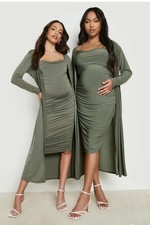 Maternity Strappy Cowl Neck Dress And Duster Coat Olive Green Plus Size 16