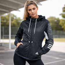 Adidas Women Sz S Black Wind Breaker Zip Up Hooded Jacket Cinched Waist