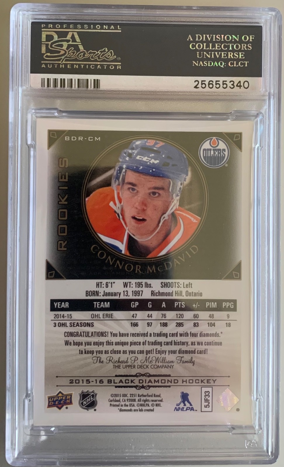 2015 UD Black Diamond Connor McDavid #BDRCM /99 PSA 10 view 3