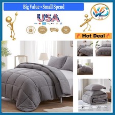 Queen Comforter Set 3P Luxury Microfiber Grey Breathable Soft Bedding