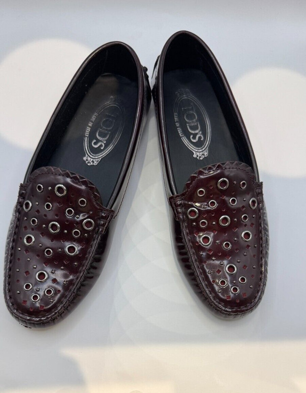 Tod's Burgundy Patent Leather Laser Cut Loafers size 35.5