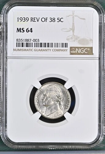 1939 REV of 38 Jefferson nickel graded by NGC MS64