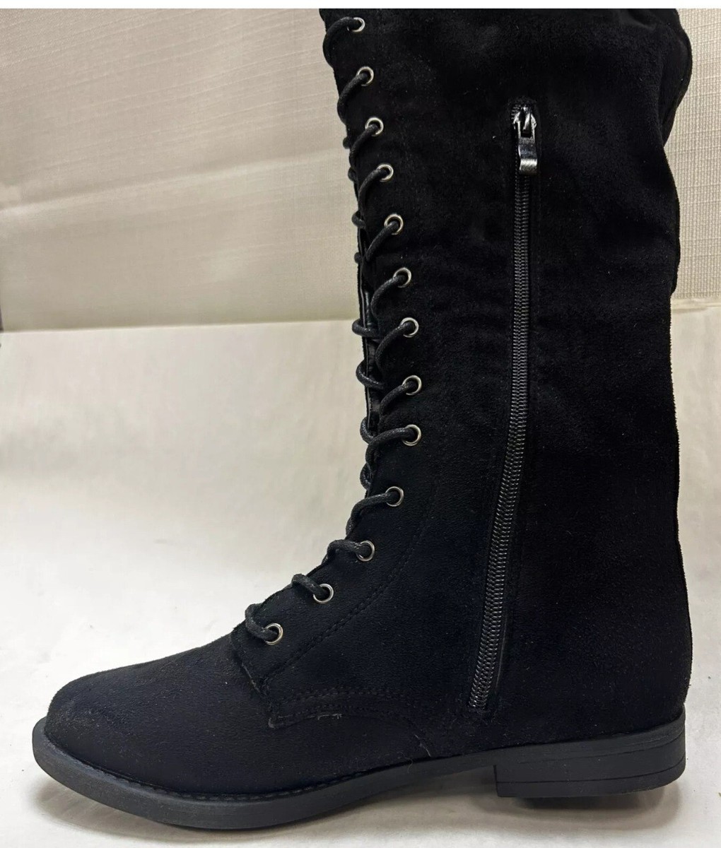 Top Moda womens LACE UP FRONT side zip BLACK FAUX SUEDE KNEE HIGH