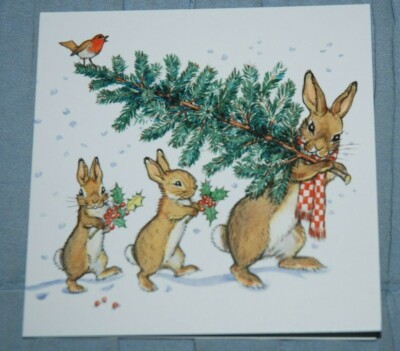 Molly Brett: Rabbits Bringing Home the Tree - Small Christmas Card NEW ...