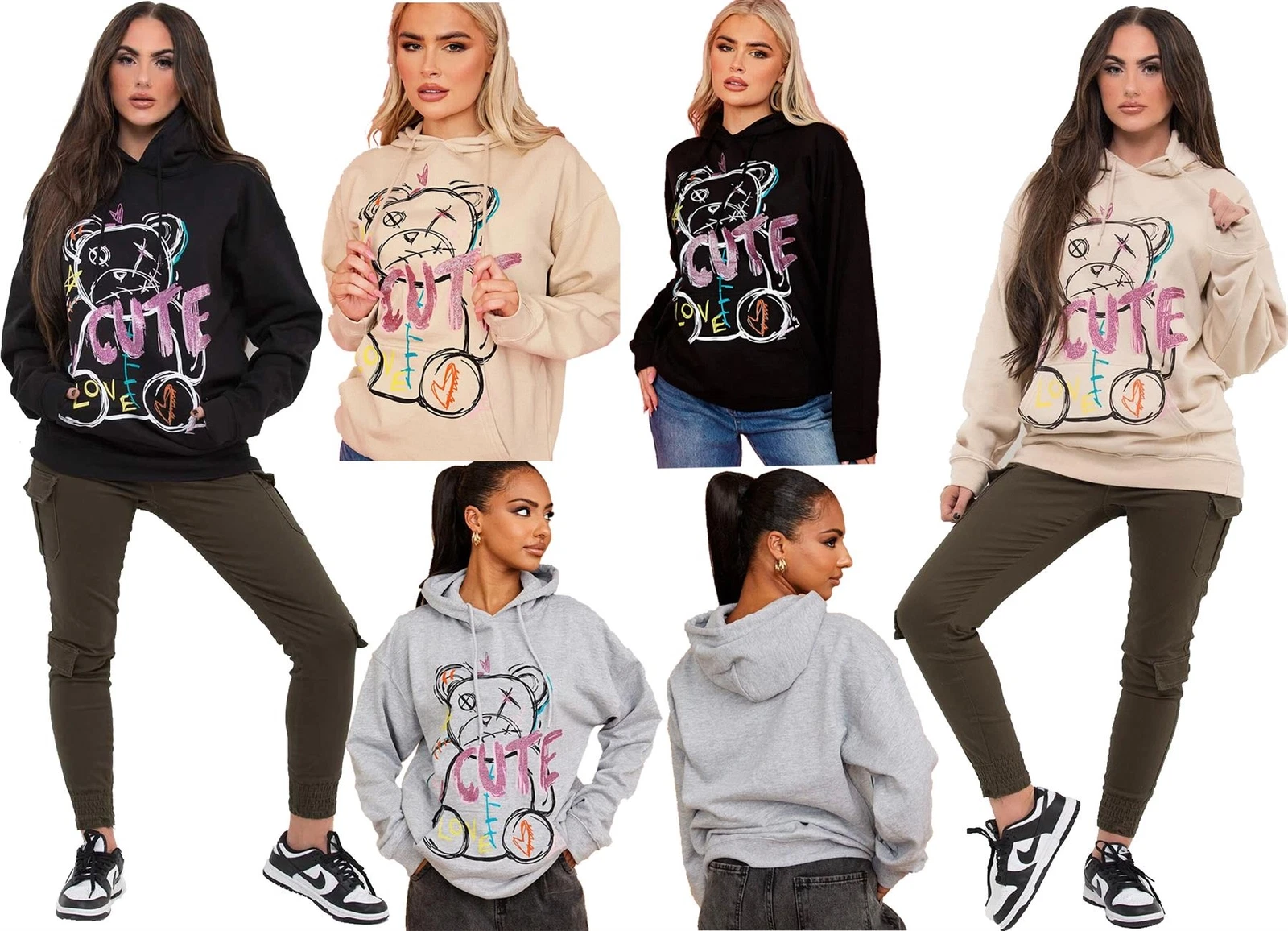 Womens Long Sleeve Cute Teddy Printed Hoodie Ladies Oversized Hooded Sweatshirt
