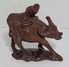 Vintage Carved Wooden Figurine Boy Riding Water Buffalo Ox Chinese Asian Decor
