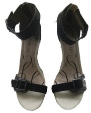 Sam & Libby Black W/ Strap Buckle Print Wedge Zip Back  Slip On Sandal Size 8