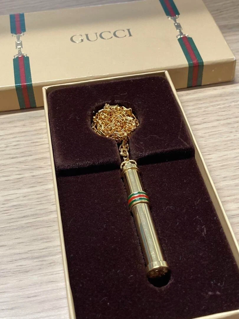 Vintage Gucci Sherry Line Bottle Long Gold Chain Necklace with