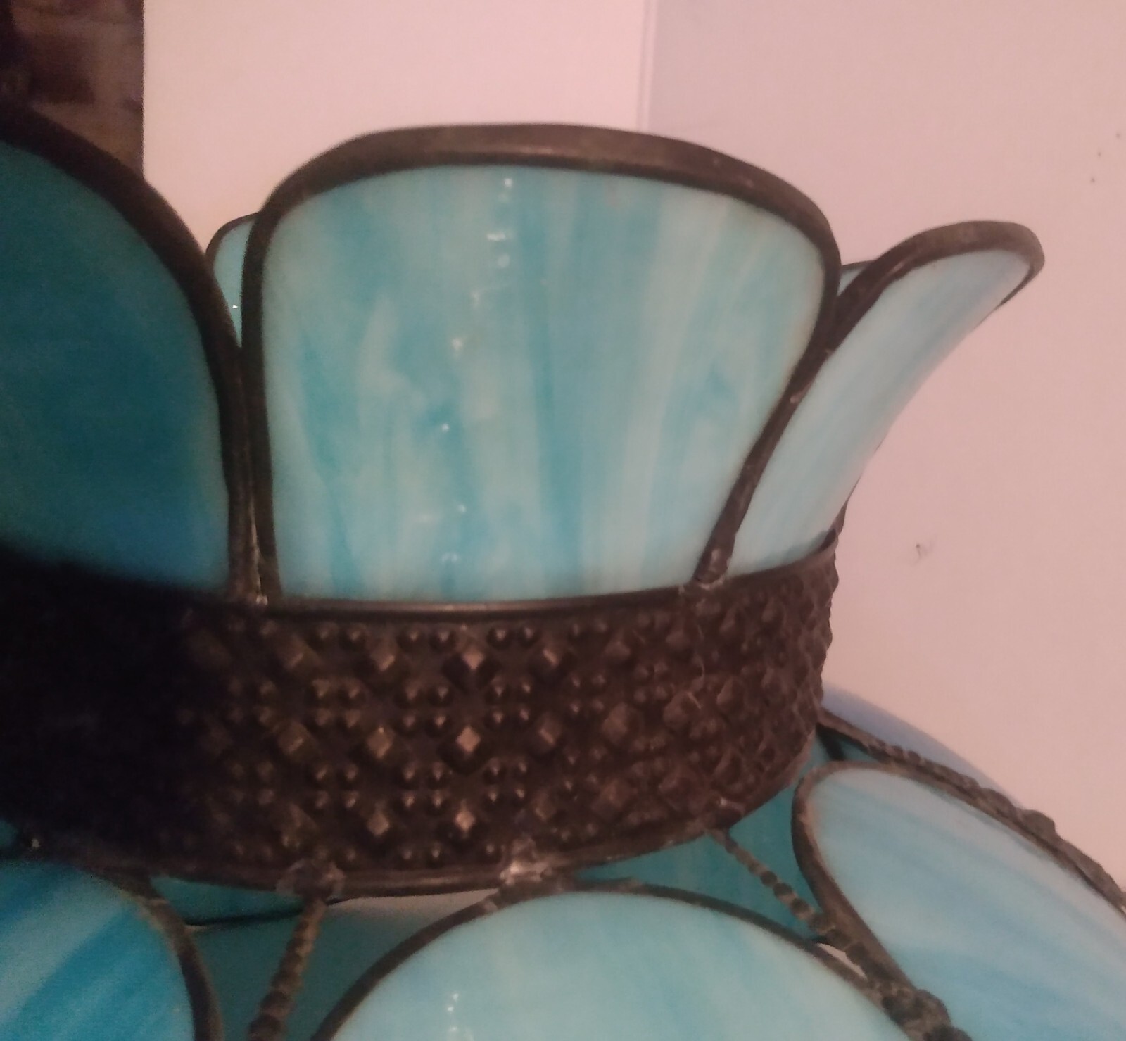 Antique Vintage Blue Marbled Stain Glass Hanging Lamp Shade from Old