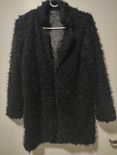 Women's Black Fluffy Coat - Fall Lapel Jacket Outwear Overcoat - Size Small