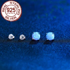 Mystical Blue Opal Round Stud Earrings 925 Sterling Silver Jewelry for Brides