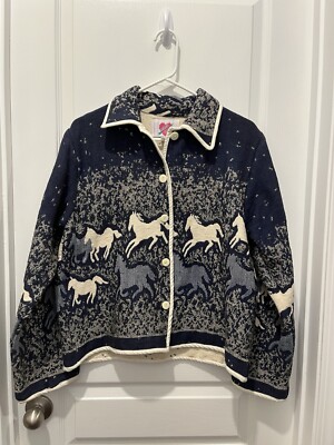 VTG Keren Hart Horse Tapestry Jacket Blue & White Equestrian Size Medium