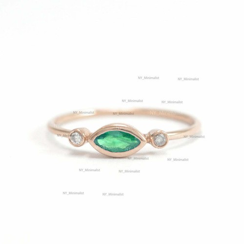 Real Marquise Cut Emerald Gemstone Diamond Ring Solid 14K Yellow Gold Jewelry - Picture 4 of 9
