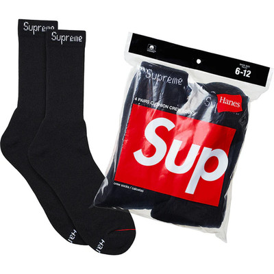 Supreme Hanes Crew Socks - Black  4 Pack, Size 6-12