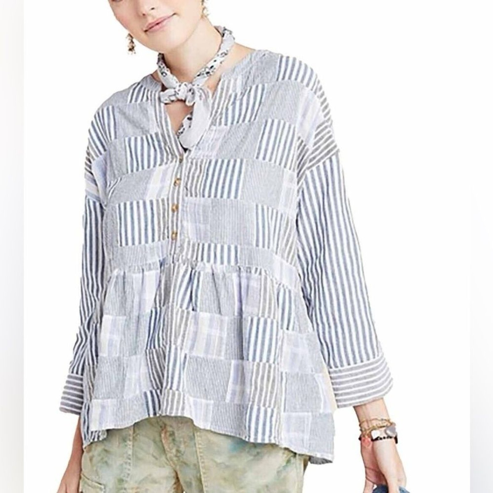 Maeve Oversized Patchwork Button Swing Top Cotton… - image 2