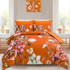 Floral Comforter Set 7 Piece, Flower Bed in a Bag, King Size Terracotta