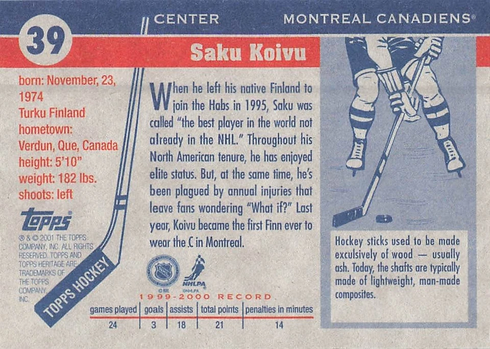 SAKU KOIVU 2000-01 TOPPS HERITAGE HOCKEY #39 - Image 2 of 2