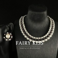 Elegant White Pearl CZ Women Necklace Earrings Wedding Engagement Jewelry Set