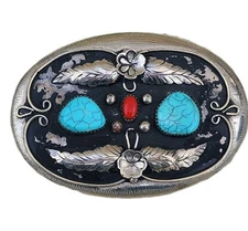 Turquoise, Coral And Silver Mens Belt Buckle, Steve Wall, Rare, Al Somers?? 51gm