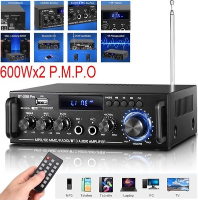 600W Bluetooth 5.0 Verstärker HiFi Power Audio Stereo Bass AMP USB MP3 FM Auto