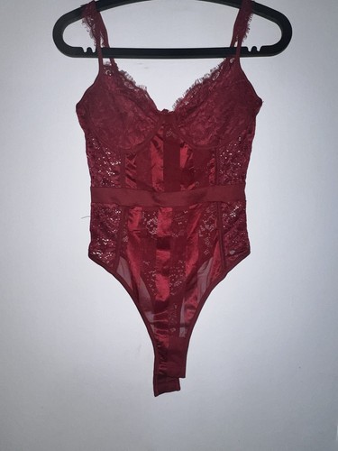 PLT Burgundy Lace Mesh Stripe Bodysuit Size 8, New With Tags - Picture 1 of 7