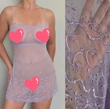 Vtg Victoria's Secret Mesh Embroidered Babydoll Night Dress Lilac Nylon L
