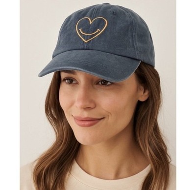 Cinq à Sept Embroidered Denim Hat Blue Womens One Size Heart Smiley Face Dad Cap