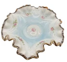 Vtg Fenton Gold Crest Pink Roses Milk Glass Hand-Painted Trinket Dish 6"D