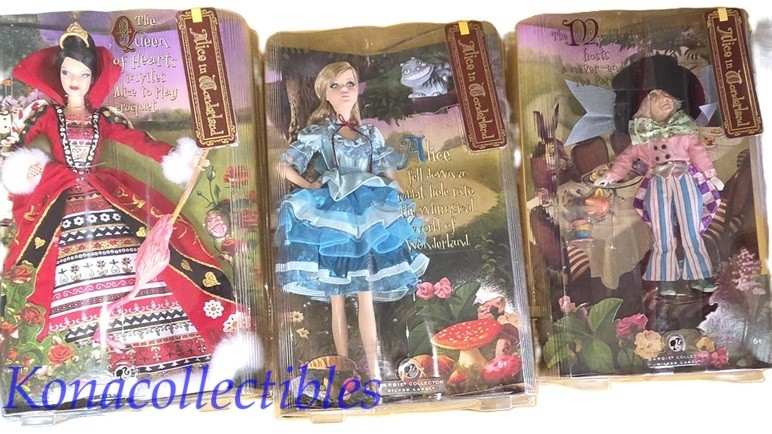 2007 Barbie Collector Alice in Wonderland Alice, Queen of Hearts, Mad Hatter