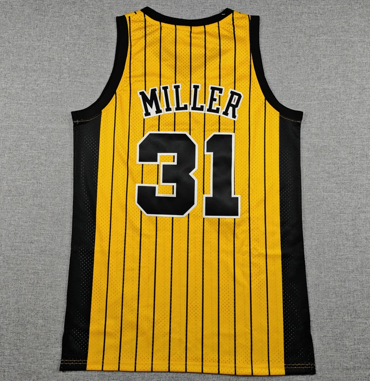 Camiseta deportiva retro Indiana Pacers Reggie Miller #31 amarilla a rayas de madera dura clásica Foto 3 de 4
