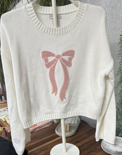 Sincerely Jules Ivory Knit Sweater Pink Bow Graphic Crewneck Dolman L ST795V2
