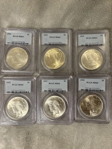 (6) Six Peace Silver Dollars $1 PCGS MS64