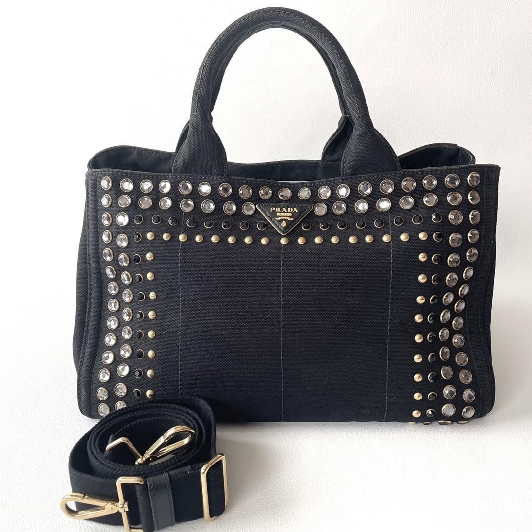 Prada Black Canvas Canapa Tote with Triangle Logo and Jewel Embellishments 2-Way Handbag