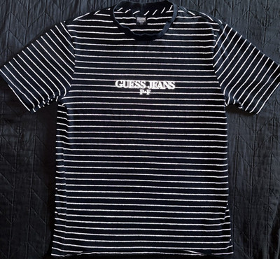 GUESS Places + Faces Men's Black White Striped Logo Reflective 3M T-Shirt Size M